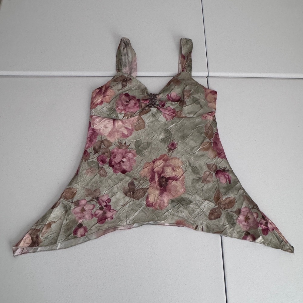 IZ Byer California Floral Handkerchief Hem Camisole Top Sage Pink y2k Size L n3
